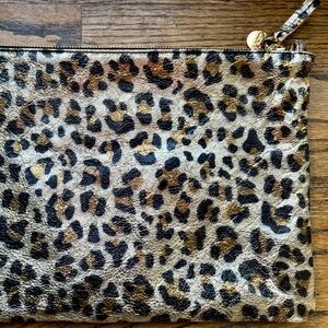 Clare V. Flat clutch with tabs in metallic leopard print